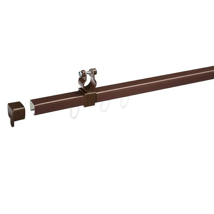 Expo Ambiente Schienen-Set U-Lauf - Länge: 230 cm, Nussbaum - Nahaufnahme einer braunen Gardinenstange mit Zubehör. Elegantes Design für stilvolle Fensterdekoration, perfekt für Ihr Zuhause.