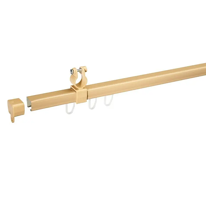 Expo Ambiente Schienen-Set U-Lauf - Länge: 190 cm, Beige - Nahaufnahme einer goldenen Gardinenstange mit Zubehör, die eine elegante Fensterdekoration verspricht.