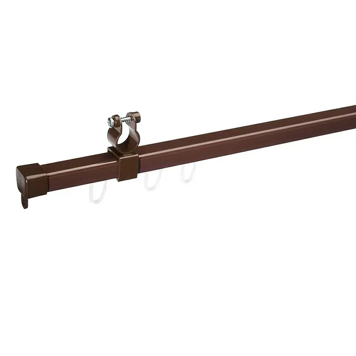 Expo Ambiente Schienen-Set U-Lauf - Länge: 230 cm, Nussbaum - Nahaufnahme einer braunen Gardinenstange mit Zubehör, ideal für Fensterdekorationen und zur Aufhängung von Vorhängen.