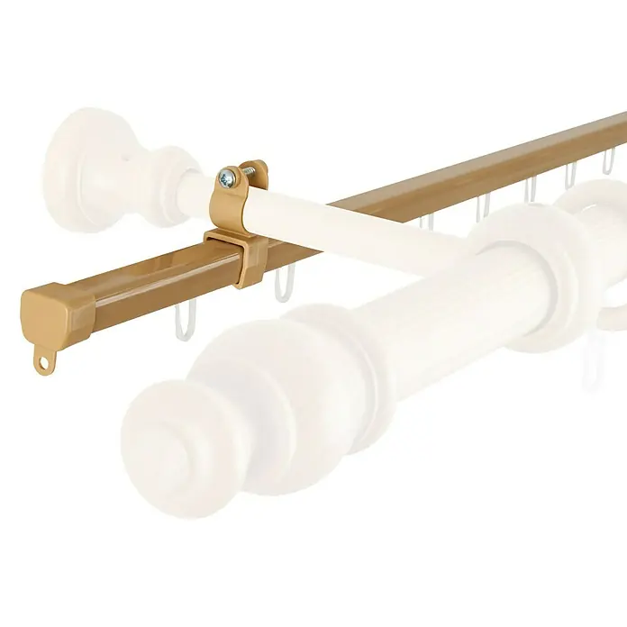 Expo Ambiente Schienen-Set U-Lauf - Länge: 190 cm, Beige - Nahaufnahme einer braunen Gardinenstange mit weißer Halterung und Vorhanghaken, die eine elegante Fensterdekoration zeigt.