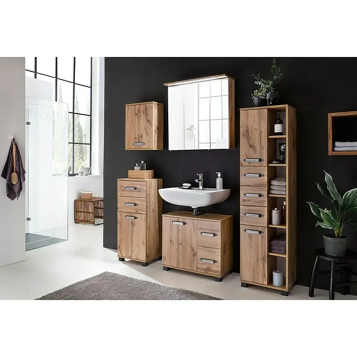 Schildmeyer Milan Hochschrank - 40,5 x 32 x 164 cm, Wotaneiche - Elegantes Badezimmer-Set in Holzoptik mit Waschtisch, Schränken und Spiegel. Moderner Stil für ein stilvolles Badezimmerambiente.