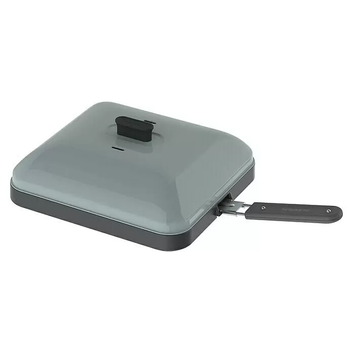 Cadac Grillplatte Universal - L x B: 27 x 25 cm, Geriffelt - Grauer Dometic Toaster/Sandwichmaker mit dunkelgrauem Boden und ausgezogenem Griff.