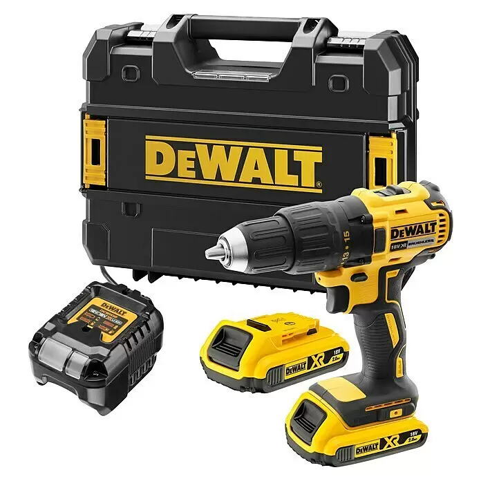 DeWalt XR 18V Akku-Bohrschrauber DCD777D2T-QW - 18 V, 2 Akkus, 2 Ah, 65 Nm - DeWalt 18V Akku-Bohrschrauber, zwei Akkus, ein Ladegerät und ein schwarz-gelber Werkzeugkoffer.