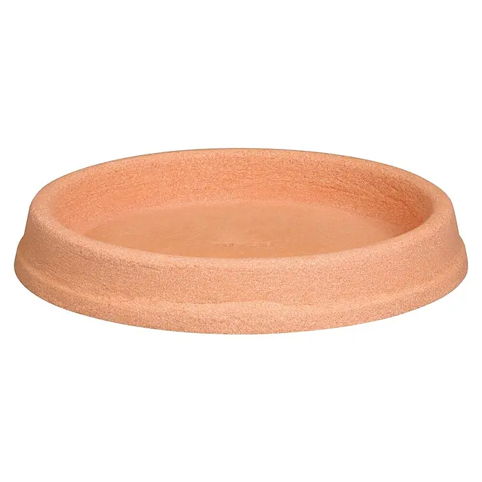 Geli Blumentopf-Untersetzer Marcella - Außenmaß (Ø x H): 26 x 4 cm, Kunststoff, Terracotta - Nahaufnahme einer leeren, runden Terracotta-Pflanzschale mit rustikaler Textur, ideal für den Innen- und Außenbereich.