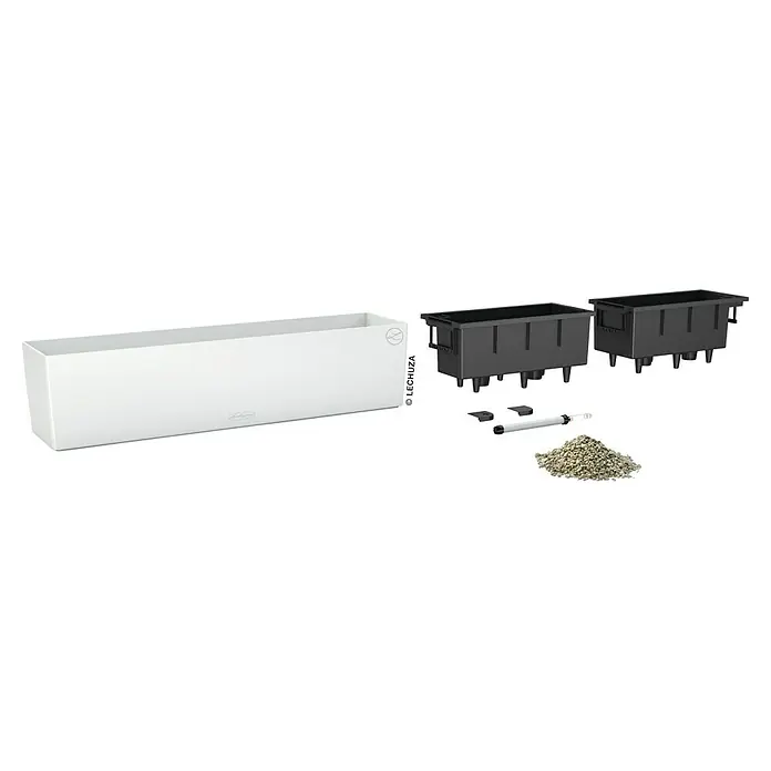 Lechuza Color Balkonkasten Balconera - Max. Außenlänge: 79 cm, Weiß - Komplette Lechuza Balconera Pflanzkasten-Garnitur mit Bewässerungssystem, Einsätzen, Wasserstandsanzeige und Pflanzgranulat für den Balkon.