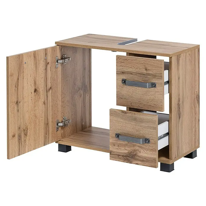 Schildmeyer Milan Waschtischunterschrank - B x T x H: 65 x 32 x 59 cm, Wotaneiche - Heller Holzwaschtischunterschrank mit einer Tür und zwei Schubladen mit Metallgriffen für Badezimmer oder Gäste-WC.