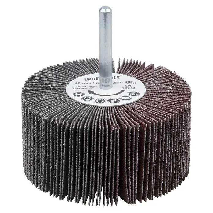Wolfcraft Fächerschleifer - Körnung: 80, Arbeitsdurchmesser: 80 mm - Produktansicht einer Schleifmop-Rolle von Wolfcraft, ideal zum Schleifen von Konturen und schwer zugänglichen Stellen.