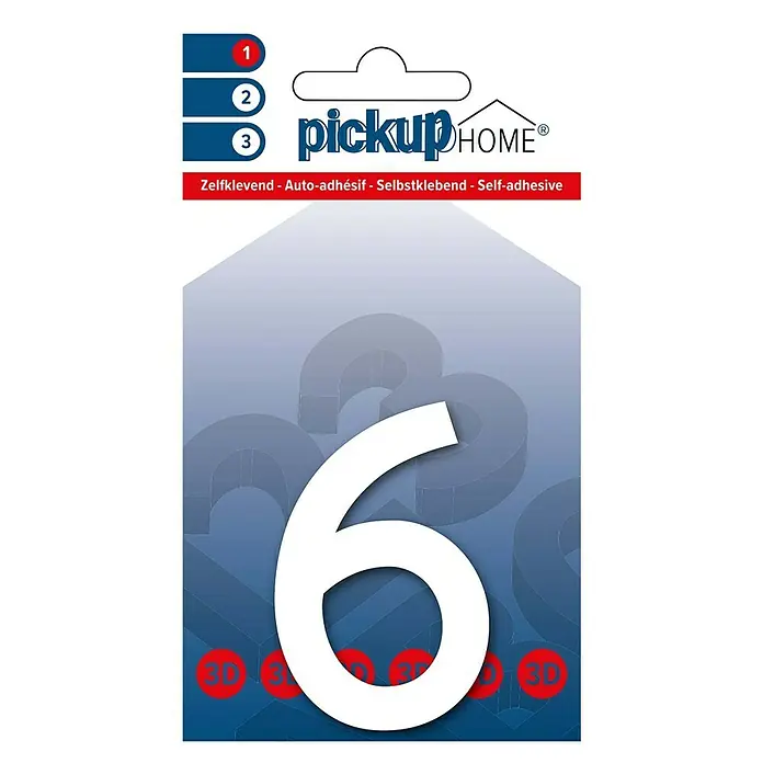 Pickup 3D Home Hausnummer Rio - Motiv: 6, Höhe: 6 cm, Weiß, Kunststoff, Selbstklebend - Selbstklebende 3D Hausnummer 6 von Pickup Home. Ideal für Briefkästen und Haustüren. Einfache Montage und wetterfest.