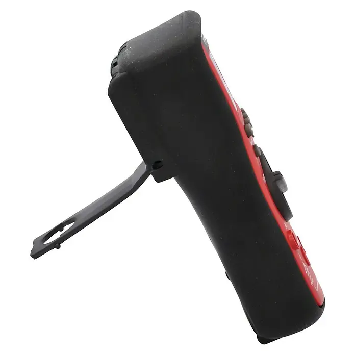 Benning Digital-Multimeter MM 2-2 - True RMS, CAT III 1.000 V - Ein Nahaufnahme eines tragbaren Infrarot-Thermometers mit schwarzem Griff und rotem Rand, das auf einem schwarzen Hintergrund platziert ist.