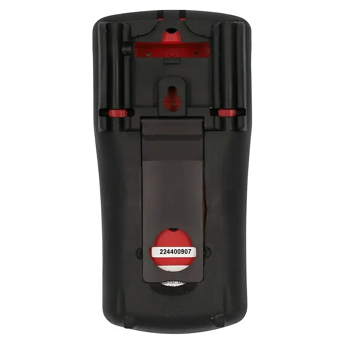 Benning Digital-Multimeter MM 2-2 - True RMS, CAT III 1.000 V - Nahaufnahme der Rückseite eines schwarzen Insektenvernichters mit roten Akzenten, der die Montagevorrichtungen zeigt.