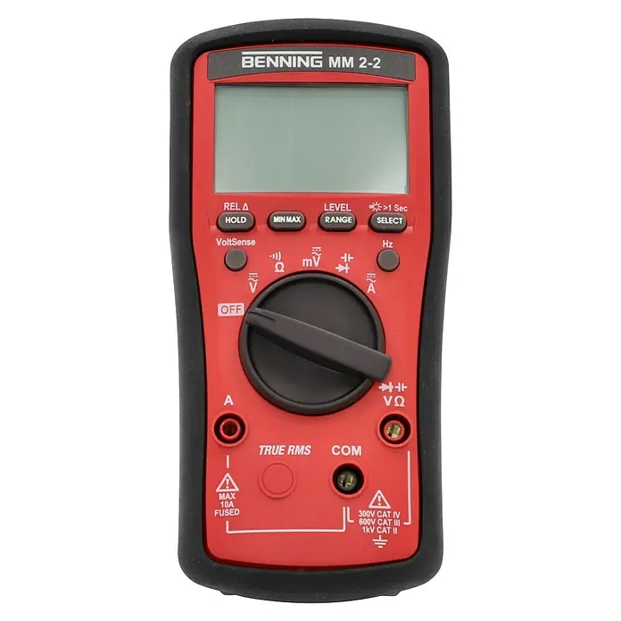 Benning Digital-Multimeter MM 2-2 - True RMS, CAT III 1.000 V - Abbildung eines roten Benning MM 2-2 Digitalmultimeters, das für genaue elektrische Messungen in verschiedenen Anwendungen verwendet wird.