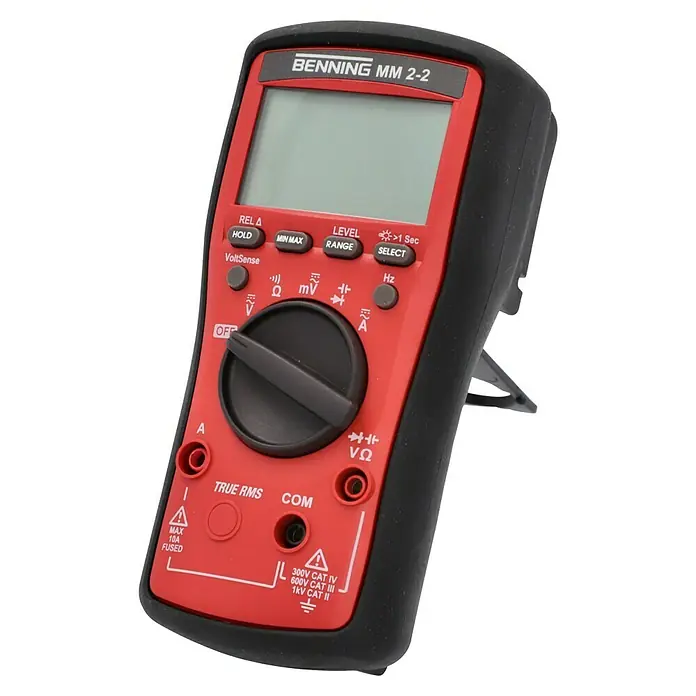 Benning Digital-Multimeter MM 2-2 - True RMS, CAT III 1.000 V - Das Benning MM 2-2 Multimeter in Rot und Schwarz, ein vielseitiges Werkzeug zur präzisen elektrischen Messung.