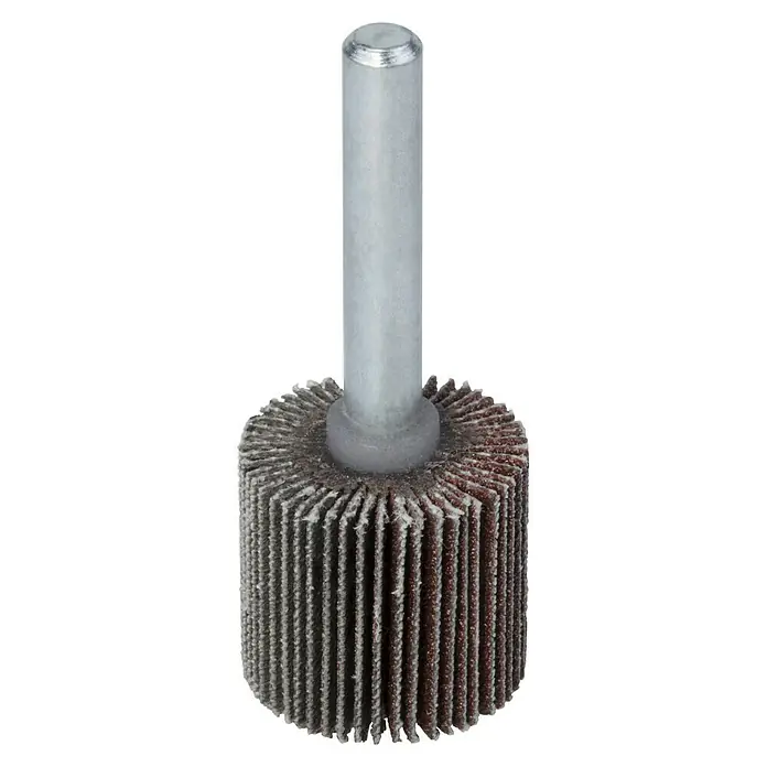 Wolfcraft Fächerschleifer - Körnung: 120, Arbeitsdurchmesser: 20 mm - Nahaufnahme einer Lamellenschleifscheibe, einem Werkzeug zum Schleifen oder Polieren von Oberflächen, mit Metallschaft und radial angeordneten Schleiflamellen.