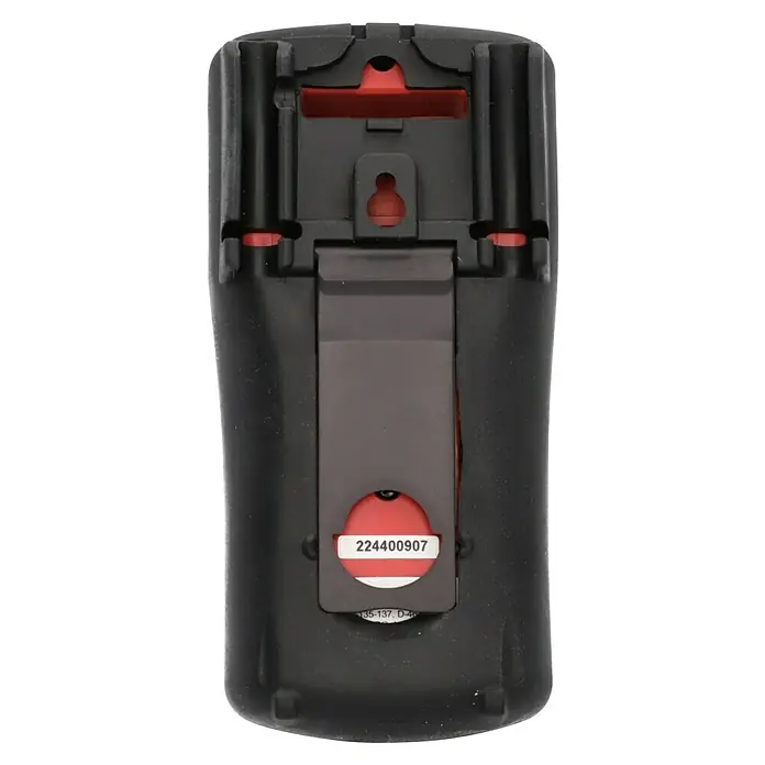 Benning Digital-Multimeter MM 2-2 - True RMS, CAT III 1.000 V - Rückansicht eines schwarzen elektronischen Produkts mit roten Akzenten, das ein Etikett mit der Nummer 224400907 zeigt.