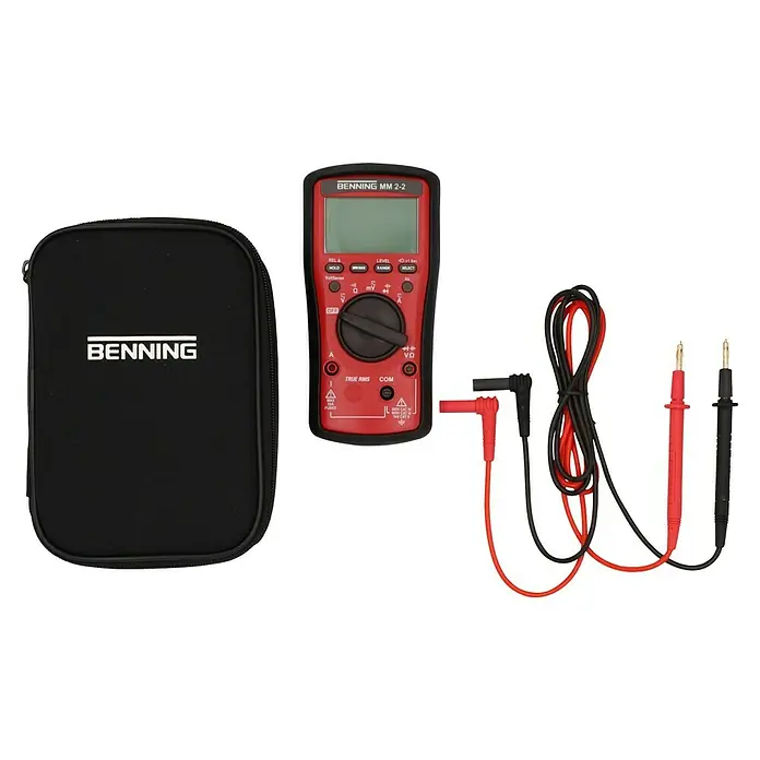 Benning Digital-Multimeter MM 2-2 - True RMS, CAT III 1.000 V - Benning MM 2-2 Multimeter-Set mit rotem Gehäuse, schwarzer Tasche und Messleitungen für präzise elektrische Messungen.