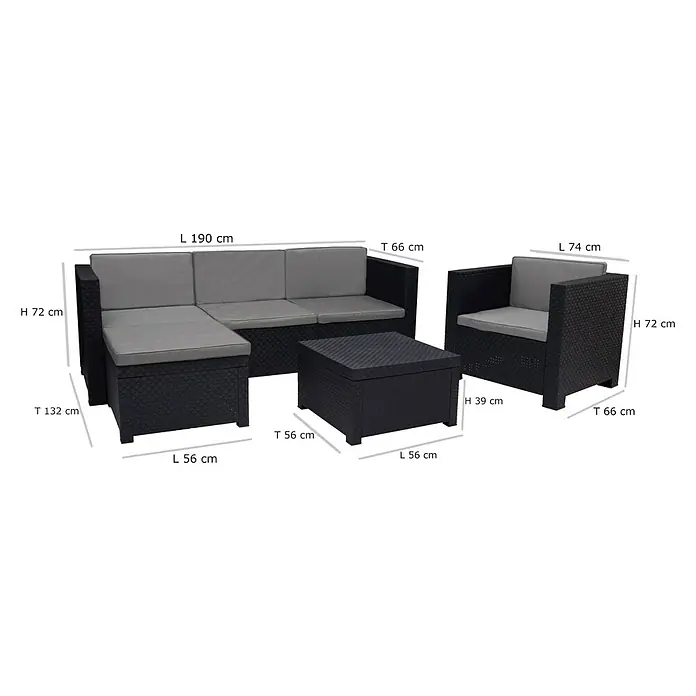 Shaf Conjunto de muebles Manhattan - 3 pzs., Polipropileno, Graphite - Imagen de un conjunto de muebles de patio negro con cojines grises e indicaciones de tamaño.