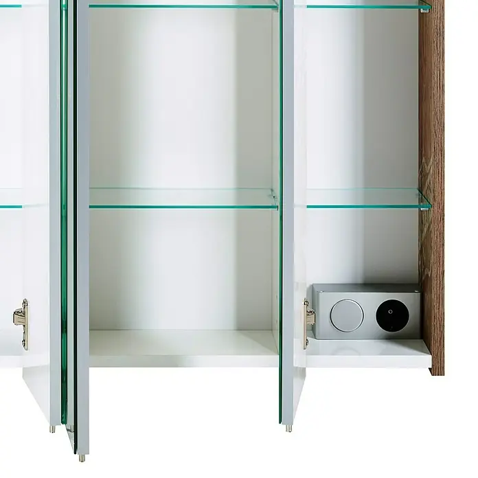 Schildmeyer Milan LED-Spiegelschrank - B x H: 70,5 x 72,5 cm, Mit Beleuchtung, Holz, Wotaneiche - Heller Spiegelschrank mit offenen Türen und Glasregalen, der viel Stauraum bietet. Mit modernem Design, ideal für jedes Badezimmer.