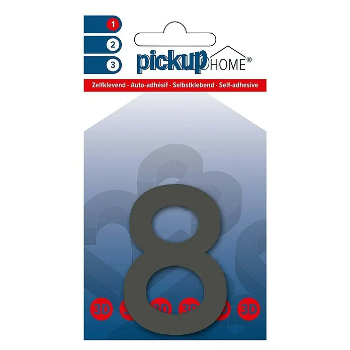 Pickup 3D Home Hausnummer Rio - Motiv: 8, Höhe: 6 cm, Grau, Kunststoff, Selbstklebend - Selbstklebende Hausnummer Acht von Pickup Home, ideal zur Kennzeichnung von Wohnungen und Häusern. Einfache Montage durch selbstklebende Rückseite.