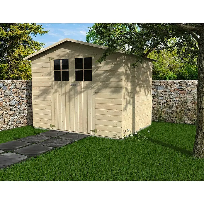 Décor et Jardin Gerätehaus Lodum - Außenbreite inkl. Dachüberstand: 262 cm, Außentiefe inkl. Dachüberstand: 202 cm, Holz, Natur - Holzgartenhaus mit Doppeltür und Fenster, umgeben von üppigem Grün und einer Steinmauer, bietet perfekten Stauraum im Freien.