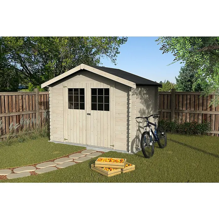 Décor et Jardin Gerätehaus Flodova - Außenmaß inkl. Dachüberstand (B x T): 317 x 213 cm, Wandstärke: 28 mm, Natur - Gartenschuppen mit Fahrrädern und Obstkisten im Garten, der praktischer Stauraum und natürliche Elemente vereint.