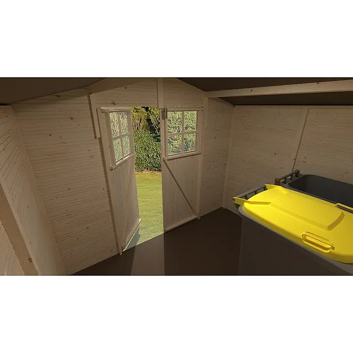 Décor et Jardin Gerätehaus Lodum - Außenbreite inkl. Dachüberstand: 262 cm, Außentiefe inkl. Dachüberstand: 202 cm, Holz, Natur - Blick ins Innere eines Holzschuppens mit Mülltonne und geöffneter Tür, die einen Blick ins Grüne freigibt. Die Wände sind aus hellem Holz.