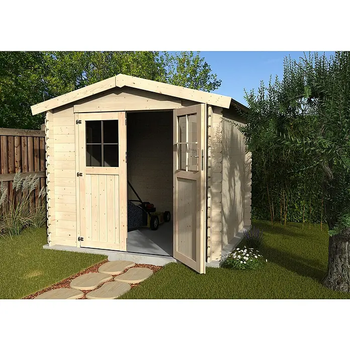 Décor et Jardin Gerätehaus Flandre - Außenbreite inkl. Dachüberstand: 258 cm, Außentiefe inkl. Dachüberstand: 238 cm, Holz, Natur - Das Bild zeigt ein charmantes, helles Holzgartenhaus mit geöffneten Türen, das einen Blick auf einen Rasenmäher im Inneren freigibt.