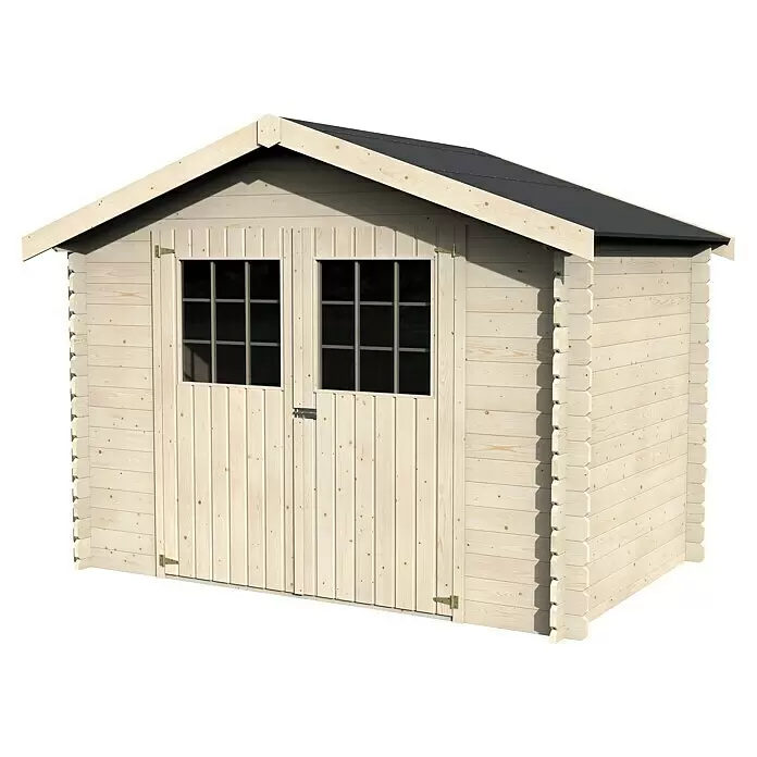 Décor et Jardin Gerätehaus Flodova - Außenmaß inkl. Dachüberstand (B x T): 317 x 213 cm, Wandstärke: 28 mm, Natur - Helles Gartenhaus aus Naturholz mit Doppeltüren und zwei Fenstern, mit schwarzem Dach.