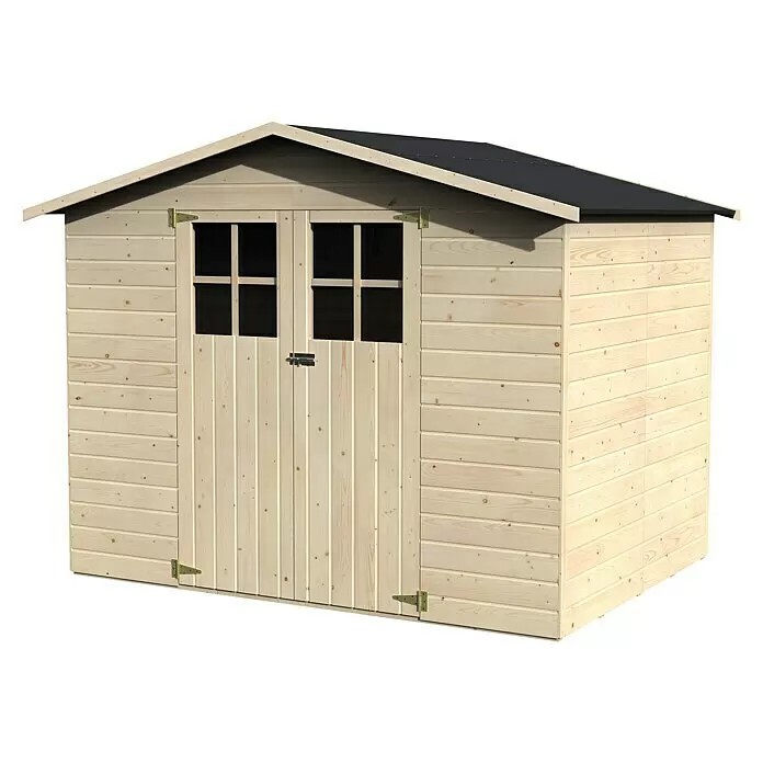 Décor et Jardin Gerätehaus Lodum - Außenbreite inkl. Dachüberstand: 262 cm, Außentiefe inkl. Dachüberstand: 202 cm, Holz, Natur - Leichter Holzgeräteschuppen mit Doppeltür, kleinen Fenstern und schwarzem Dach, ideal für die Lagerung im Freien.