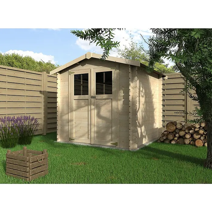 Décor et Jardin Gerätehaus Milovic - Außenmaß inkl. Dachüberstand (B x T): 230 x 213 cm, Wandstärke: 19 mm, Natur - Ein helles Holzgartenhaus mit Doppeltüren und Fenstern vor einer grünen Gartenkulisse mit Holzstapel und Pflanzen.