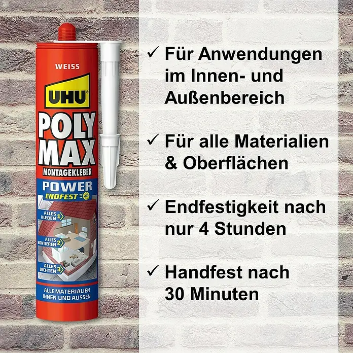 UHU Poly Max Montagekleber Power - Weiß, 425 g, Kartusche - UHU Poly Max Power Montagekleber: Für Innen- und Außenanwendungen, klebt alle Materialien, Endfestigkeit nach 4 Stunden, handfest nach 30 Minuten.