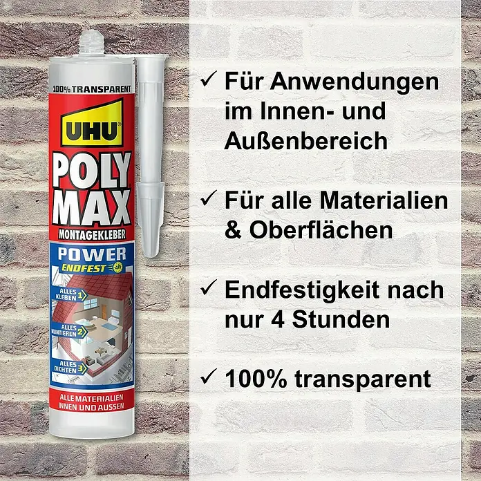 UHU Poly Max Montagekleber Power - Transparent, 300 g, Kartusche - Produktabbildung von UHU Poly Max Montagekleber Power, 100% transparent, für Innen- und Außenanwendungen und verschiedene Materialien.