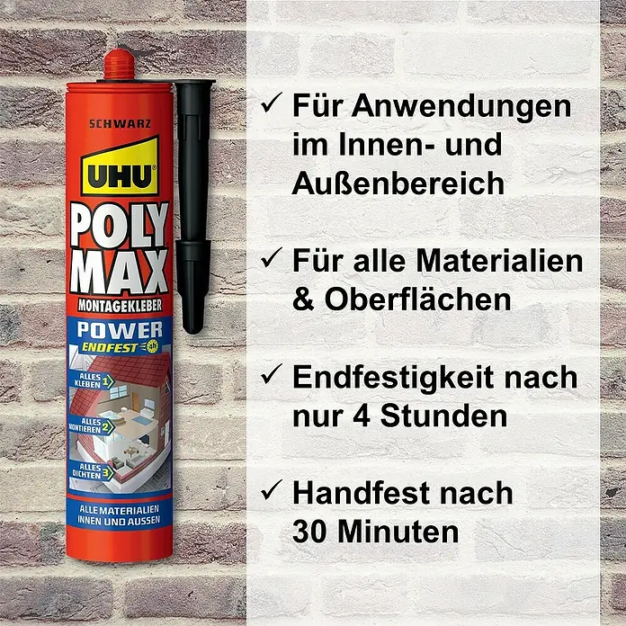 UHU Poly Max Montagekleber Power - Schwarz, 425 g, Kartusche - UHU Poly Max Montagekleber Power, ein starker Klebstoff für Innen- und Außenanwendungen, mit schneller Endfestigkeit und universeller Materialverträglichkeit.