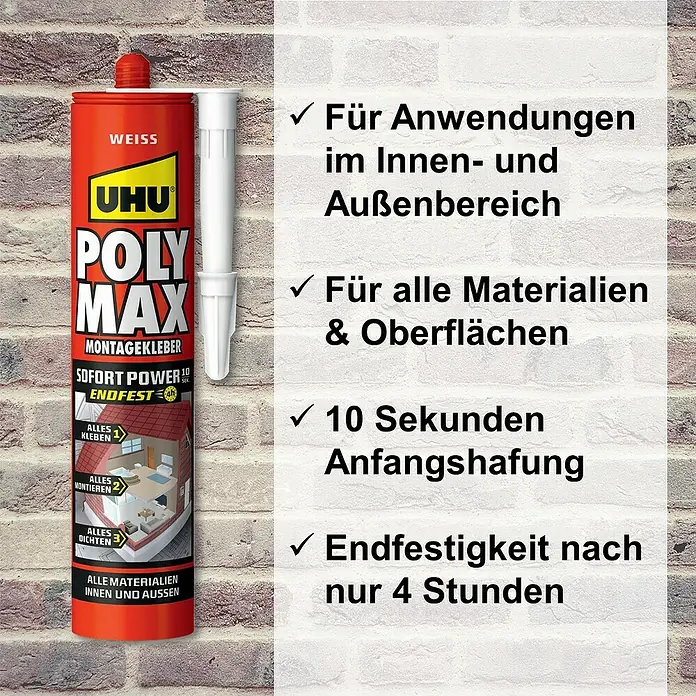 UHU Poly Max Montagekleber Sofort Power - Weiß, 425 g, Kartusche - Produktbild von UHU Poly Max Montagekleber, ideal für Innen- und Außenanwendungen, mit starker Sofort- und Endfestigkeit nach 4 Stunden.