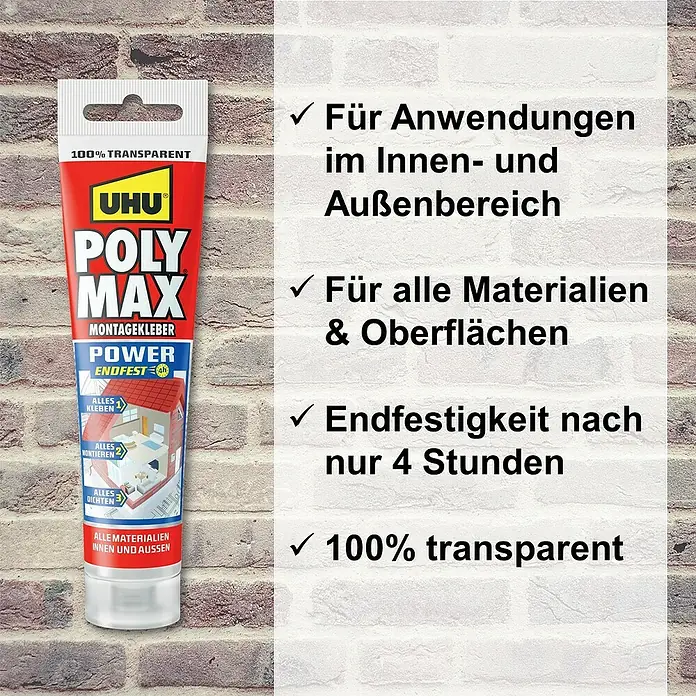 UHU Poly Max Montagekleber Power - Transparent, 115 g, Tube - UHU Poly Max Montagekleber, ein 100% transparenter Klebstoff für Innen- und Außenanwendungen, der auf allen Materialien und Oberflächen haftet und nach 4 Stunden endfest ist.