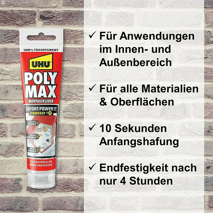 UHU Poly Max Montagekleber Sofort Power - Transparent, 115 g, Tube - Produktbild von UHU Poly Max Montagekleber, transparent und vielseitig einsetzbar für Innen- und Außenbereiche.