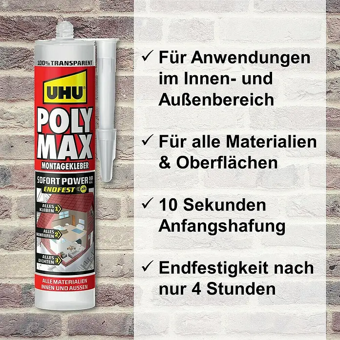 UHU Poly Max Montagekleber Sofort Power - Transparent, 300 g, Kartusche - Bild einer UHU Poly Max Montagekleber-Kartusche mit Hinweisen zu Anwendungen, Materialien, schneller Haftung und Endfestigkeit.