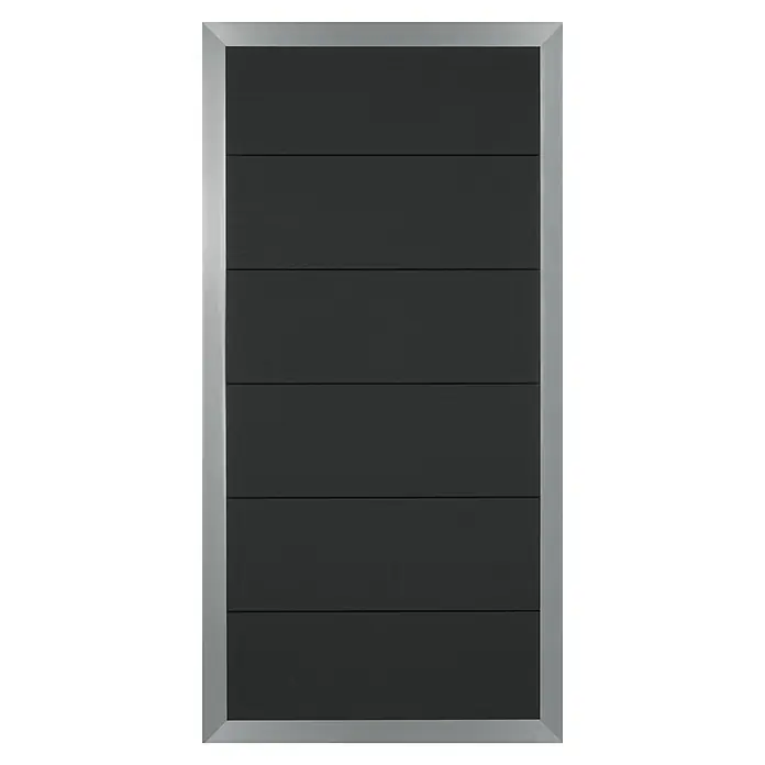 Sichtschutzelement - 90 x 180 cm, Aluminium - Nahaufnahme einer modernen, grauen Garagentor-Sektion mit silberfarbenem Rahmen, die einen eleganten und minimalistischen Stil ausstrahlt.