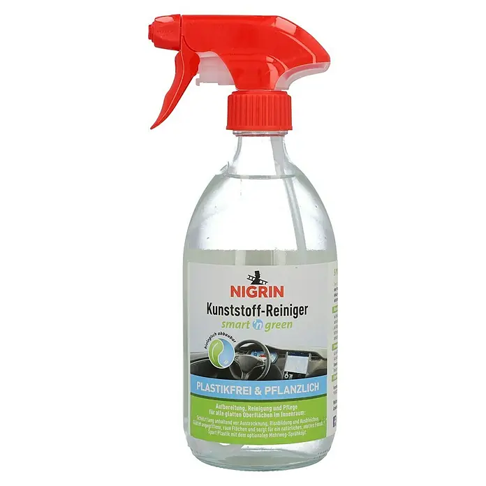 Nigrin Kunststoff-Reiniger SMART `N GREEN - 500 ml - Abbildung einer Flasche Nigrin Kunststoff-Reiniger smart n green. Das Reinigungsmittel ist plastikfrei und pflanzlich.