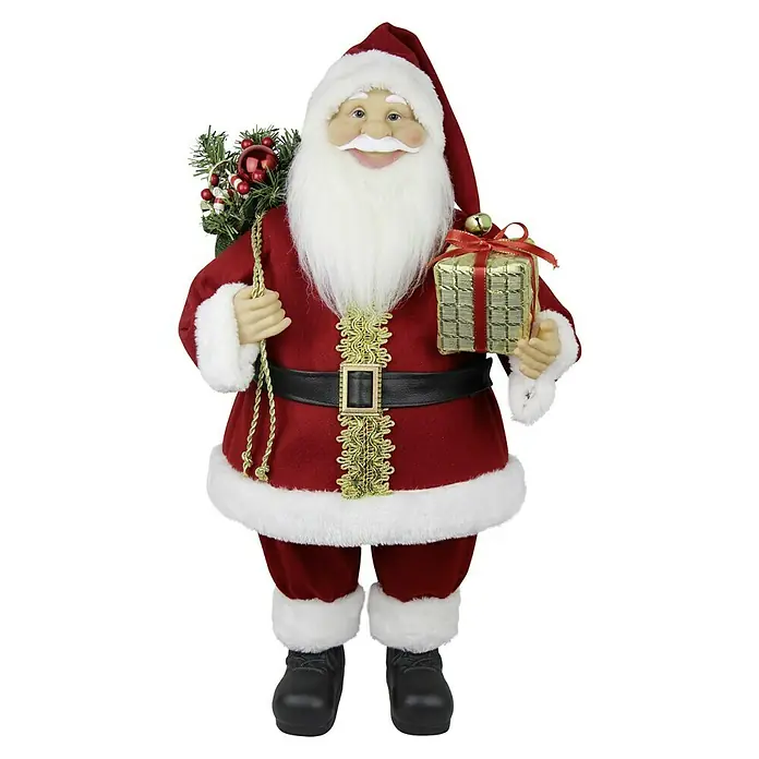 Weihnachtsmann mit Geschenk und Tanne - Höhe: 60 cm, Rot, Weiß, Mit Tannenausschnitt - Weihnachtsmann-Figur im roten Anzug mit Geschenken und Sack, ideal für festliche Dekorationen und eine fröhliche Weihnachtsatmosphäre.