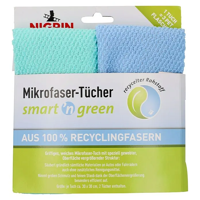 Nigrin Mikrofasertuch-Set smart 'n green - 2 Stk., 30 x 30 cm, Grün/Blau - Nigrin Mikrofaser-Tücher "smart 'n green" aus 100% Recyclingfasern. Ideal für Auto und Haushalt, Größe ca. 30x30 cm.