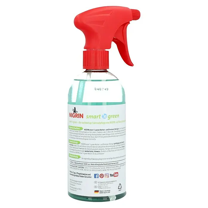 Nigrin Bremsen- & Teilereiniger SMART'N GREEN - 500 ml - Eine Flasche NIGRIN Smart & Green Ketten- und Bremsenreiniger für die nachhaltige Fahrradpflege mit rotem Sprühkopf.