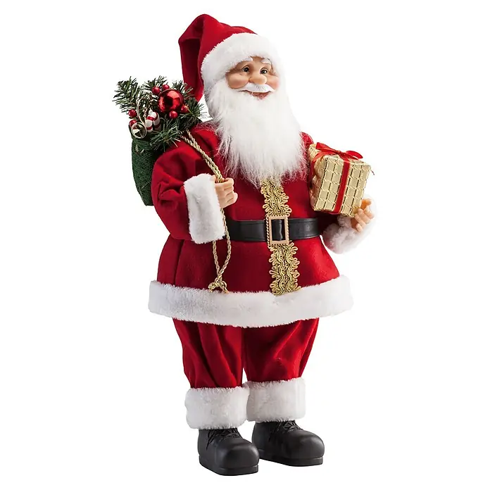 Weihnachtsmann mit Geschenk und Tanne - Höhe: 60 cm, Rot, Weiß, Mit Tannenausschnitt - Weihnachtsmann-Figur im roten Anzug, mit Geschenken und Sack. Ideal für festliche Dekorationen in der Weihnachtszeit.