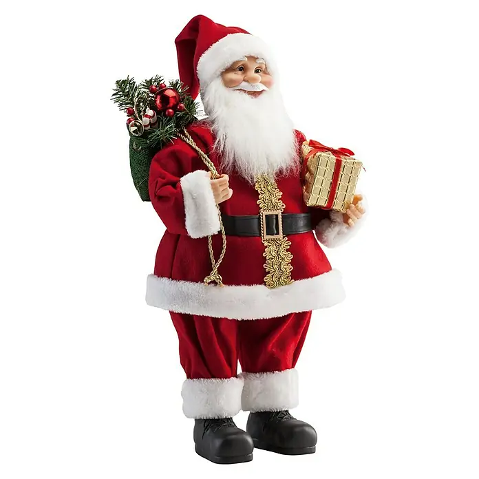 Weihnachtsmann mit Geschenk und Tanne - Höhe: 60 cm, Rot, Weiß, Mit Tannenausschnitt - Weihnachtsmann-Figur im roten Anzug, mit Geschenken und Sack. Ideal für festliche Dekorationen in der Weihnachtszeit.