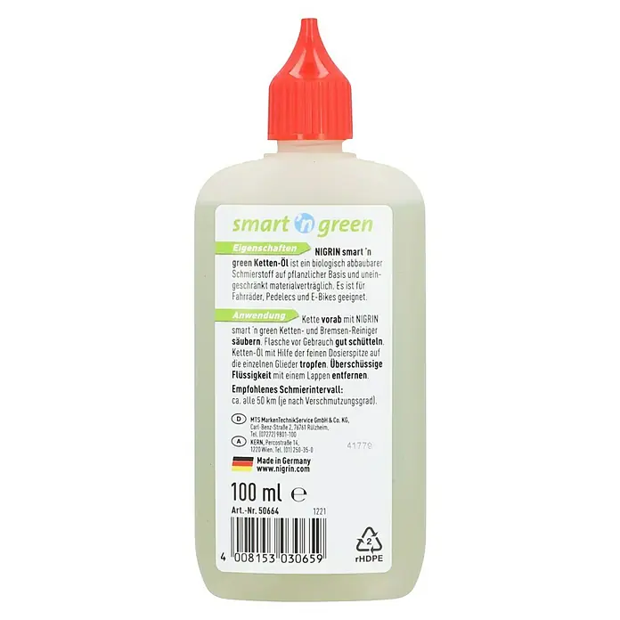 Nigrin Kettenöl SMART'N GREEN - 100 ml - Abbildung einer Flasche NIGRIN smart 'n green Ketten-Öl, ein biologisch abbaubares Schmiermittel für Fahrräder, Pedelecs und E-Bikes.