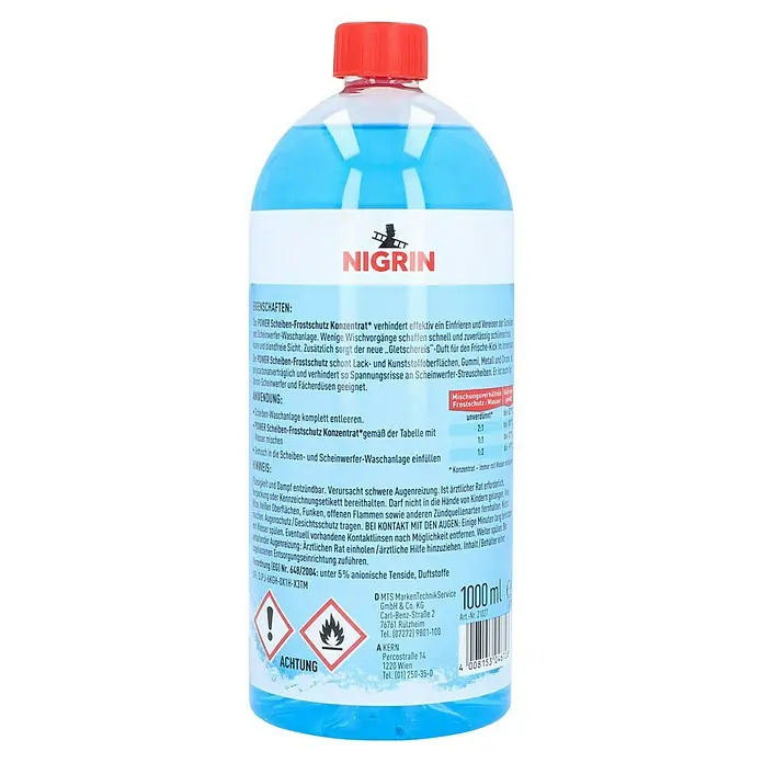 Nigrin Scheibenfrostschutz-Konzentrat - 1 l, Max. Frostbeständigkeit: -52 °C - Bild einer Flasche Nigrin Scheiben-Frostschutzmittel Konzentrat, ideal für klare Sicht und Schutz im Winter.