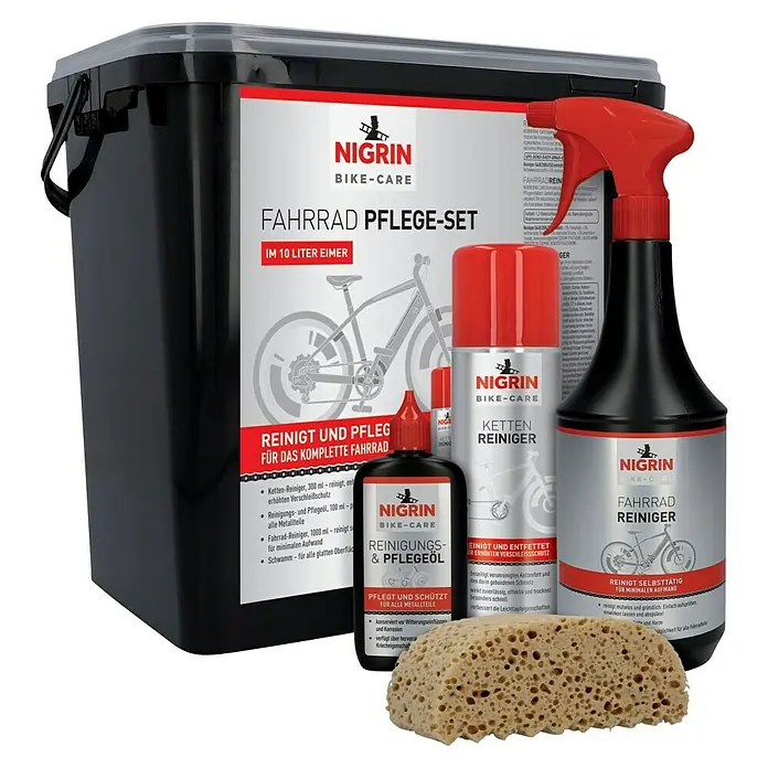 Nigrin Fahrradpflege-Set - 4 -tlg. - Nigrin Fahrradpflege-Set im 10 Liter Eimer mit Fahrradreiniger, Kettenreiniger, Reinigungs- und Pflegeöl sowie einem Schwamm.
