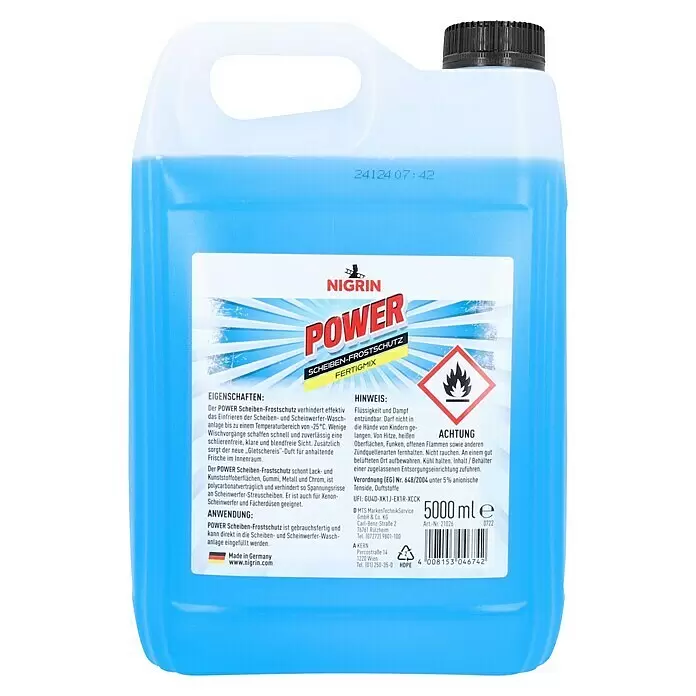 Nigrin Scheibenfrostschutz-Mittel - 5 l, Max. Frostbeständigkeit: -25 °C - Blaues Kunststoffgebinde (5000ml) NIGRIN POWER Scheiben-Frostschutzmittel.
