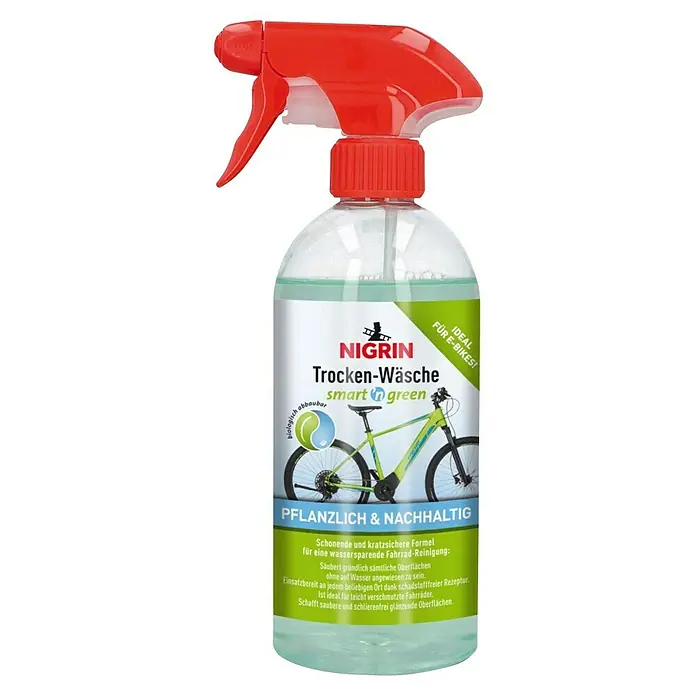 Nigrin Neutral-Reiniger SMART'N GREEN Trocken-Wäsche - 500 ml - Abbildung einer Flasche Nigrin Trocken-Wäsche smart’n green, ein Reinigungsprodukt für Fahrräder, ideal für E-Bikes, pflanzlich und nachhaltig.
