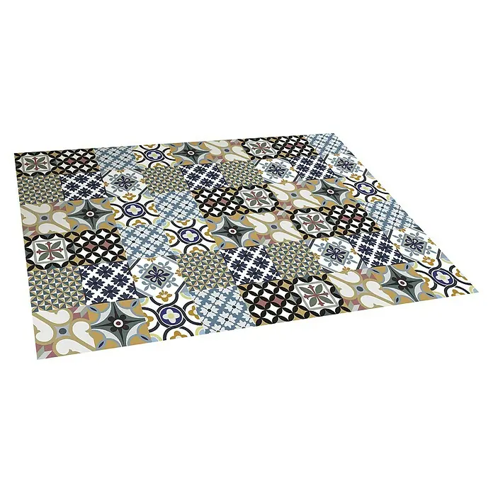 Alfombra de vinilo Croma hidraúlico - Multicolor, 180 x 120 cm - Imagen de una alfombra con un diseño de azulejos colorido, parecido a un mosaico. Ideal para añadir un toque de encanto vintage a cualquier habitación.