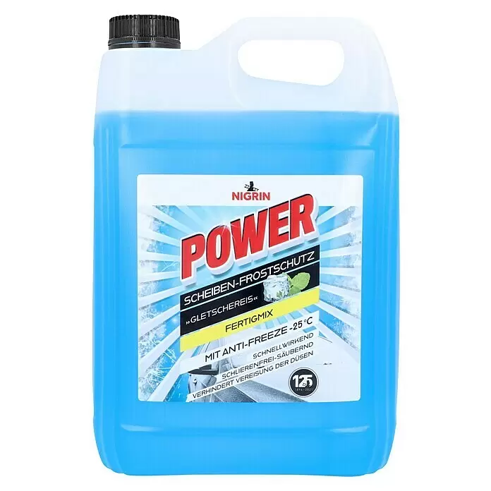 Nigrin Scheibenfrostschutz-Mittel - 5 l, Max. Frostbeständigkeit: -25 °C - Blauer NIGRIN POWER -25°C Scheibenfrostschutz in weißem Plastikkanister.